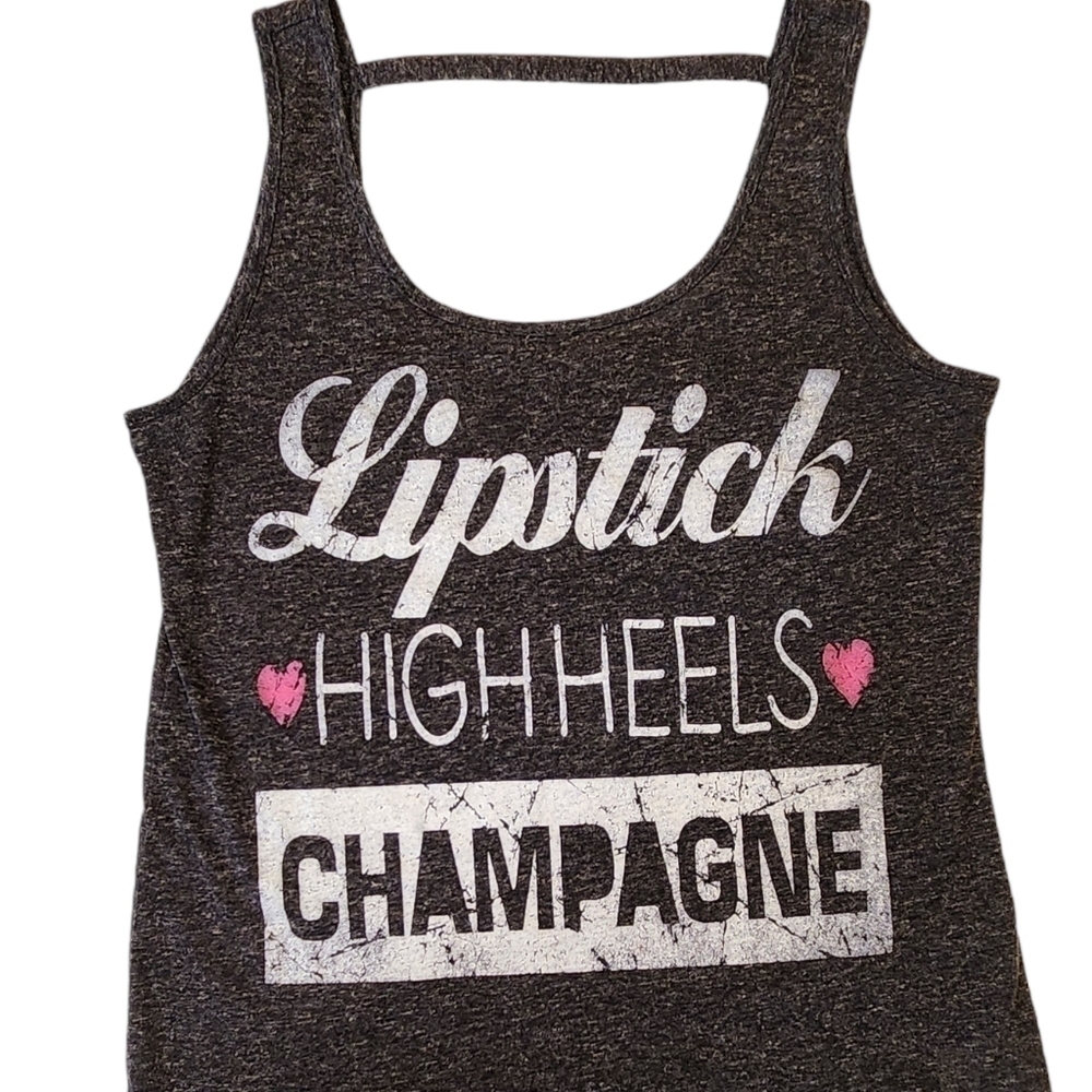 Womens Tank Top Shirt XS Cut Out Lipstick High Heels Champagne Pink Hearts